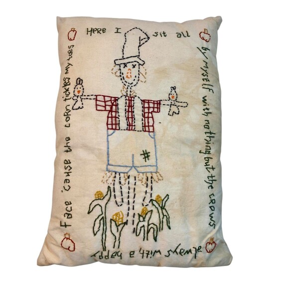 Fall Scarecrow Pillow Stitched 9x12 Prim Country Harvest Decor Tea Dyed - Picture 1 of 3